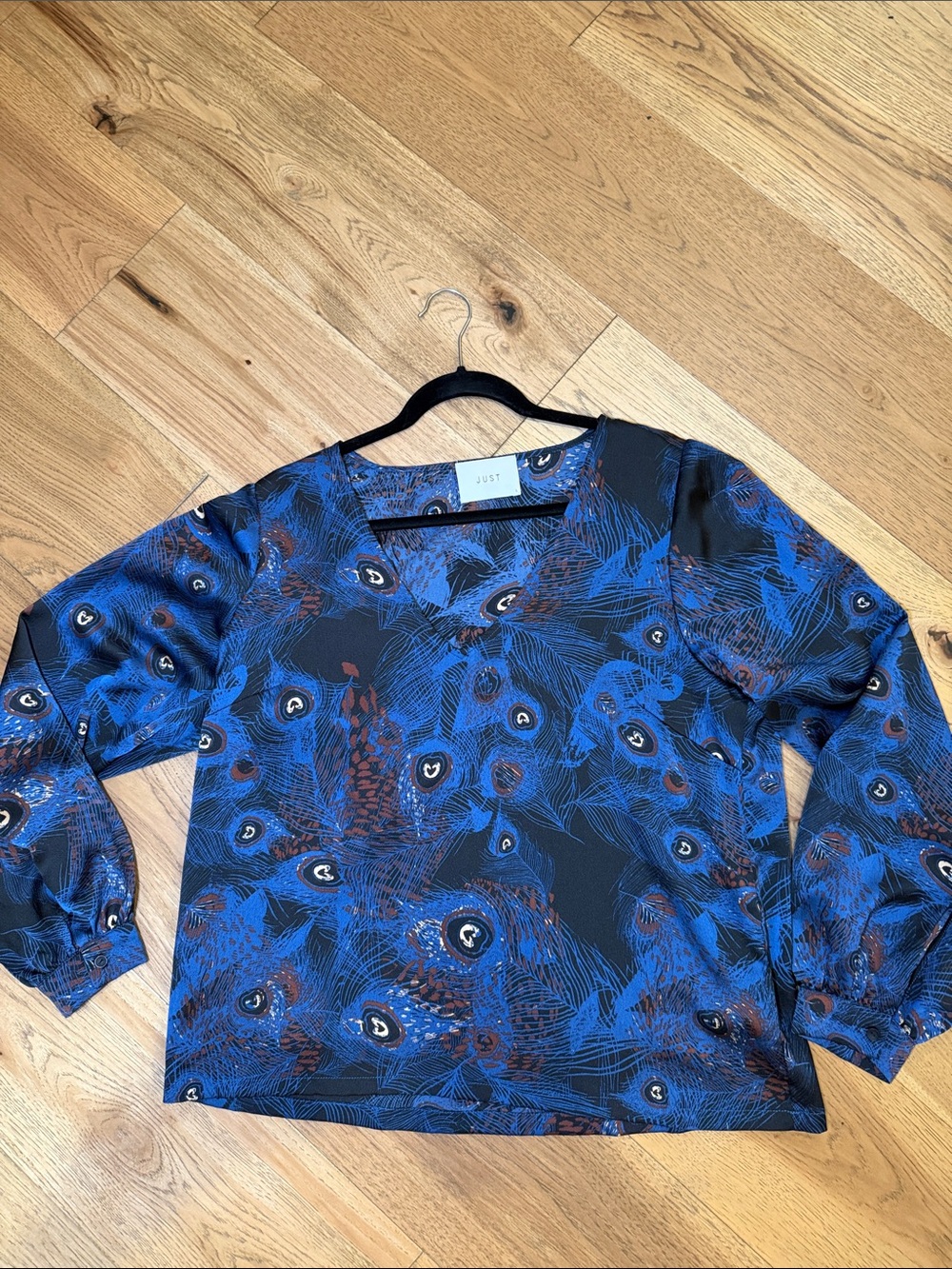 Just Female Blue and Black Peacock Print Long Sleeve Top